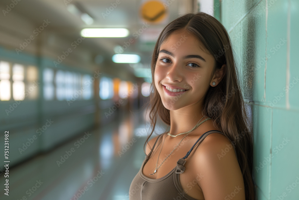 Content young student with a subtle smile in a well-lit school corridor.
