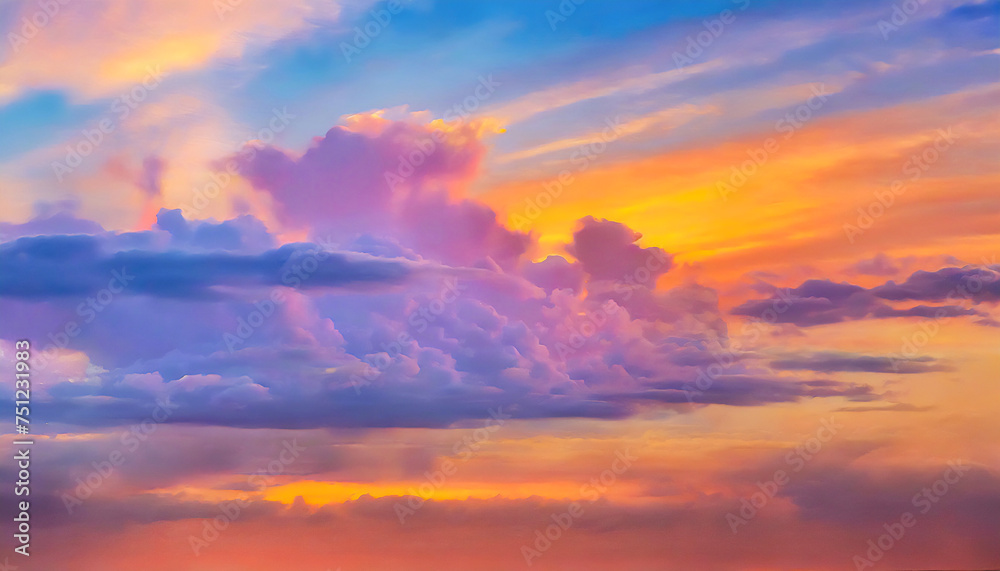 Vibrant abstract art of sunset sky and fluffy clouds sunset sky with hues of orange, pink, and purple creating a dramatic dreamy cloudscape.