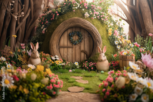 Easter backdrop of fairytale scene for photo or kinder space with rabbits and easter eggs and flower