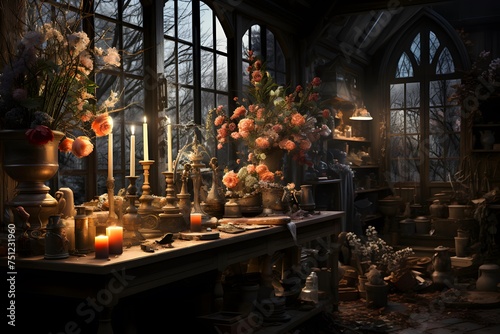 Beautiful interior of a church with candles and flowers. 3d rendering