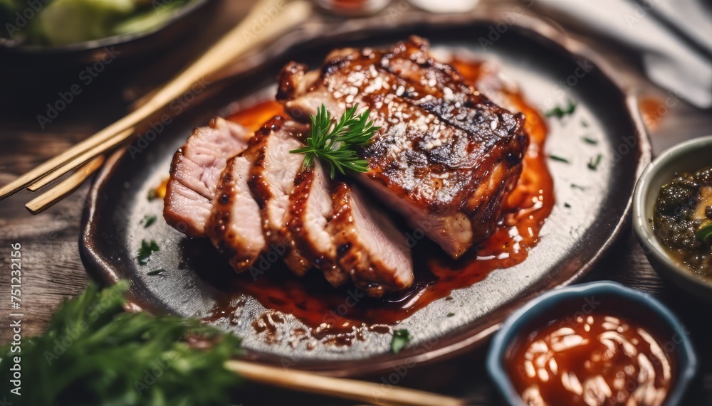view of aesthetic grilled pork with sauce and some garnish on top image background view of aesthetic grilled pork with sauce and some garnish on top image background