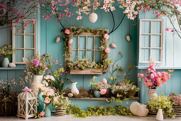 Easter backdrop for photo mini session in blue color with rabbits and easter eggs and flowers