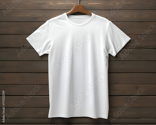 White t-shirt on a hanger on a wooden background.