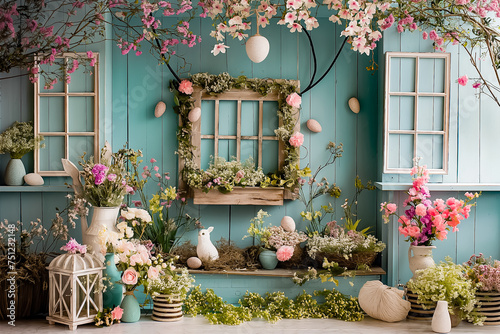 Easter backdrop for photo mini session in blue color with rabbits and easter eggs and flowers