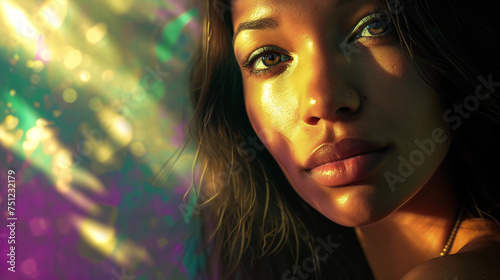 a close-up portrait of diverse woman gazing confidently into the camera, sunlight highlighting her strong facial features