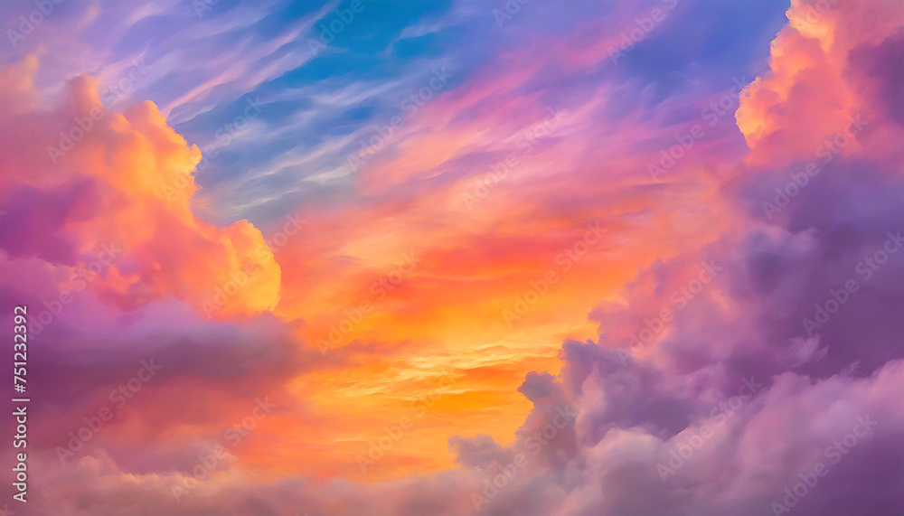 Vibrant abstract art of sunset sky and fluffy clouds sunset sky with hues of orange, pink, and purple creating a dramatic dreamy cloudscape.