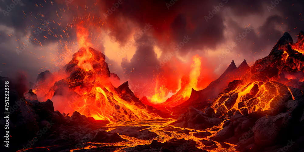 volcanic magma eruptions with lava flows and ash in the air. Generative AI
