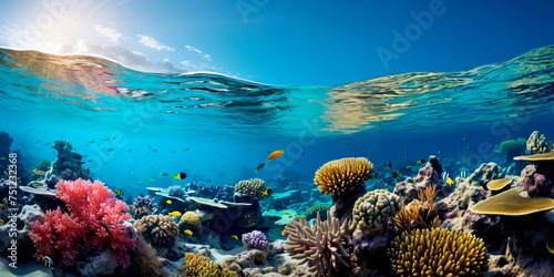 extreme depth of the ocean with a diverse coral reef. Generative AI © Лилия Захарчук