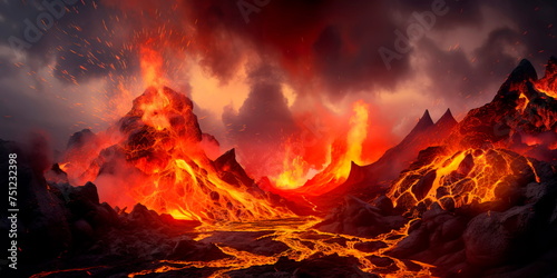 volcanic magma eruptions with lava flows and ash in the air. Generative AI