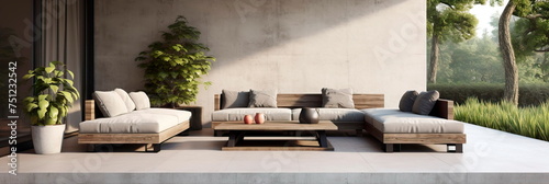 outdoor living space with a minimalist aesthetic, showcasing a low-profile sofa, concrete coffee table, and potted plants. Generative AI