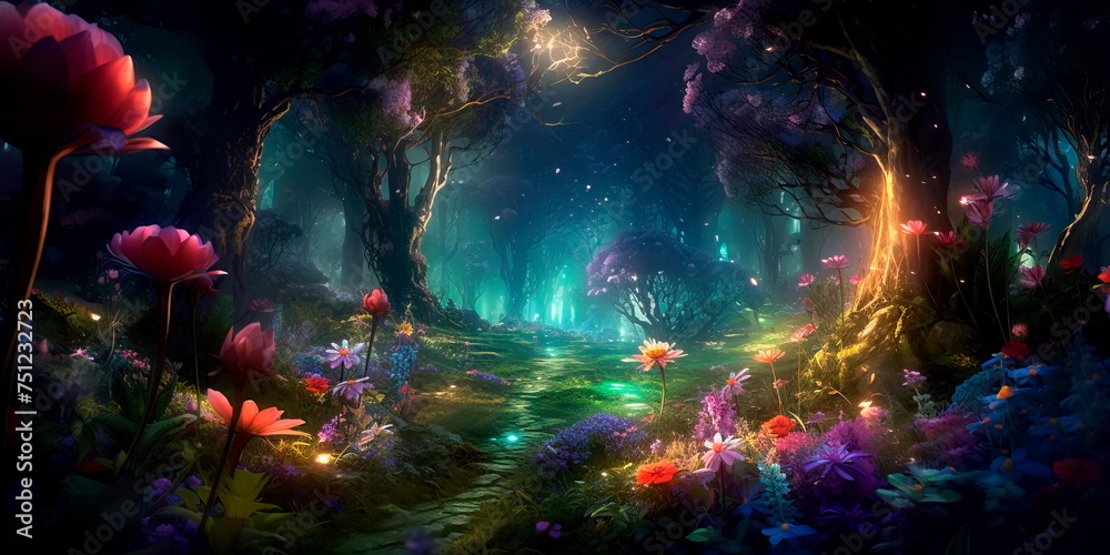 mystical forest, filled with colorful flora and fauna, inviting viewers into a magical world. Generative AI