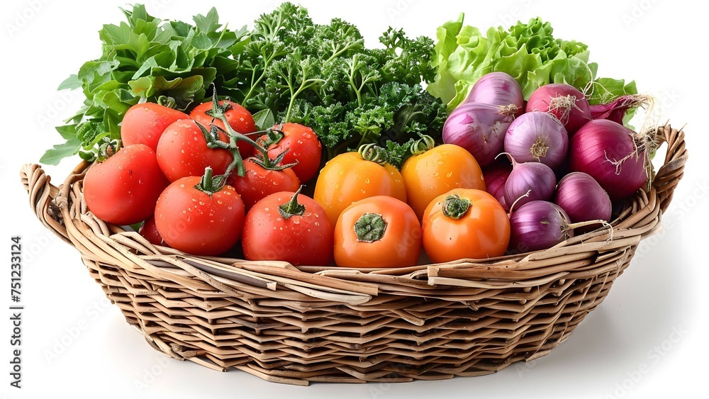 A round wicker basket overflows with vibrant, colorful vegetables, offering a variety of nutrition against a pristine white studio background.