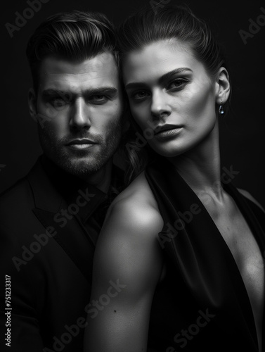Elegant couple, intimate fashion portrait, gaze, classic black style, monochrome aesthetics
