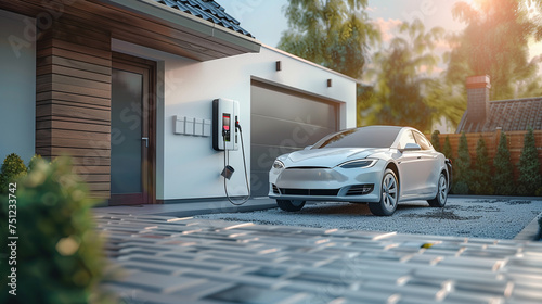 EV car is being charged from a wall box near a contemporary modern residential building house,  modern villa with backup batteries on the wall