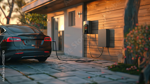 Generic electric vehicle EV hybrid car is being charged from a wall box near a contemporary modern residential building house,  modern villa with backup batteries on the wall