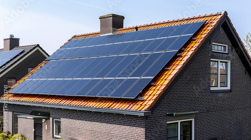 Solar energy, A rectangular building with solar panels on the roof in a residential area. street of houses with solar panels on the roof during spring in the Netherlands