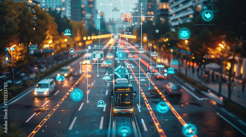 Transportation and technology concept. ITS (Intelligent Transport Systems). Mobility as a service. digital graphic icons, AI Artificial intelligence traffic
