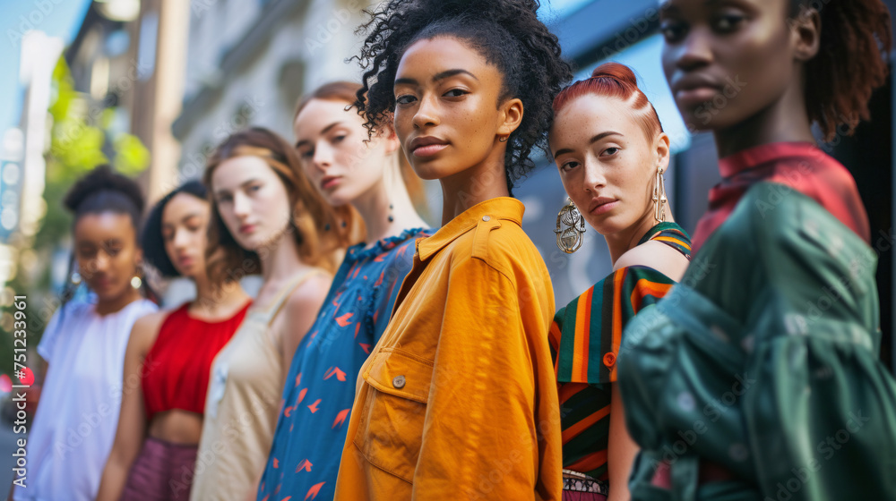 A diverse group of models showcasing eco-friendly fashion on a vibrant street corner A diverse group of models showcasing eco-friendly fashion on a vibrant street corner