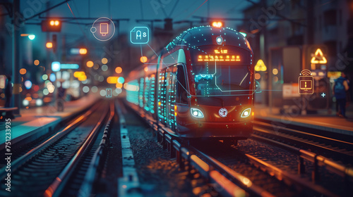 Modern city tram. Public. ITS (Intelligent Transport Systems). Mobility as a service. digital graphic icons, AI Artificial intelligence transport in a modern city