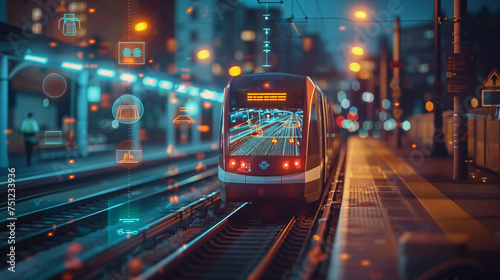 Modern city tram. Public Transportation and technology concept, AI traffic control, smart city