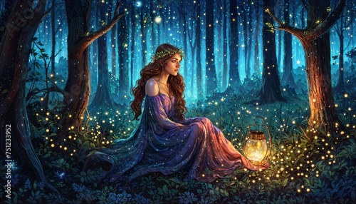 woman in the night forest. epic fantasy wallpaper painting design style