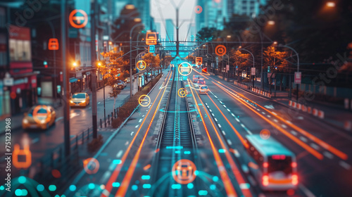 Transportation and technology concept. ITS Intelligent Transport Systems. digital graphic icons, AI Artificial intelligence transport in a modern city © Fokke Baarssen