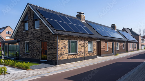 energy transition, roof with solar panels and roof tiles during spring in the Netherlands, zonnepanelen op dak, translation solar panels on roof