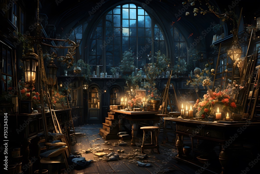 Fantasy night scene of a medieval fairytale house. 3D rendering
