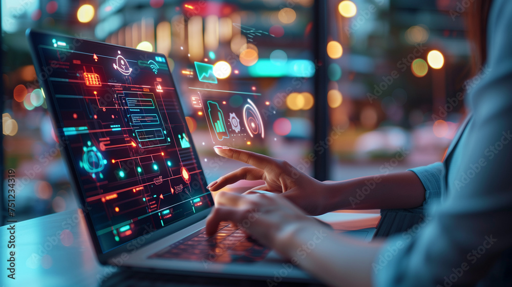 Data science, business intelligence. man using computer devices with internet global network technology and big data, cloud computing, AI software AI technology