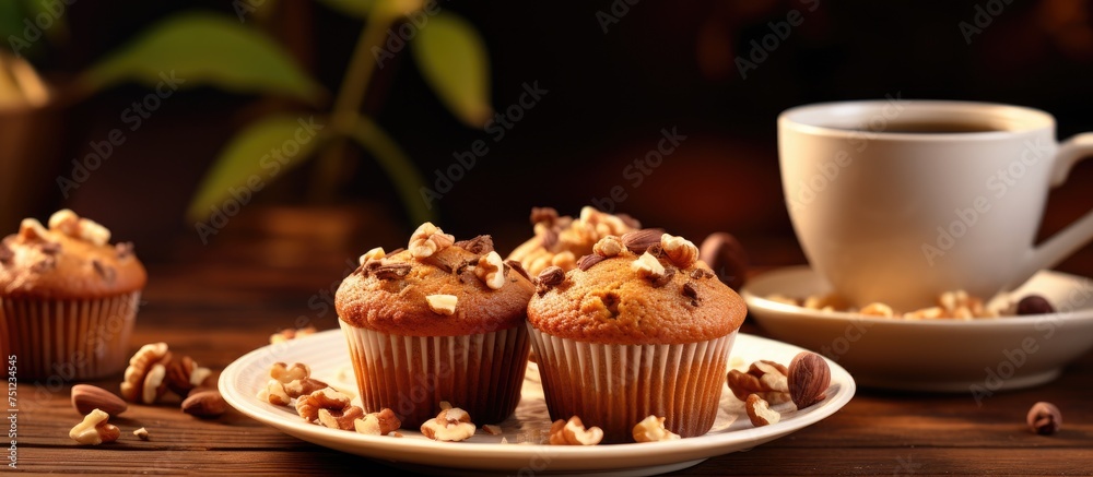 A plate holding cupcakes with colorful frosting sits on a wooden table next to a steaming cup of coffee. The cupcakes are topped with sprinkles and the coffee cup is accompanied by a saucer and spoon. A plate holding cupcakes with colorful frosting sits on a wooden table next to a steaming cup of coffee. The cupcakes are topped with sprinkles and the coffee cup is accompanied by a saucer and spoon.