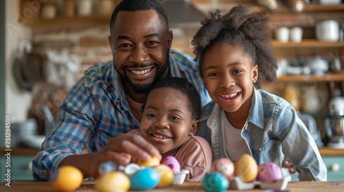 Black Dad with children with easter eggs in the kitchen, smiling family with easter eggs ready for painting eggs at the easter holiday