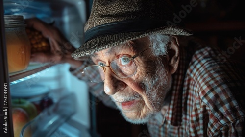 Elderly man misplacing household items, searching for his glasses in the refrigerator, depicting confusion and forgetfulness.