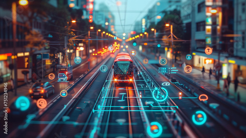 Modern city tram. Public Transportation and Technology Concept. ITS (Intelligent Transport Systems). Mobility as a service. digital graphic icons, AI Artificial intelligence transport in a modern city © Fokke Baarssen