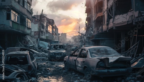 Destructed city at dawn with demolished and destructed houses and cars on the city street as a result of earthquake or war strike with no people