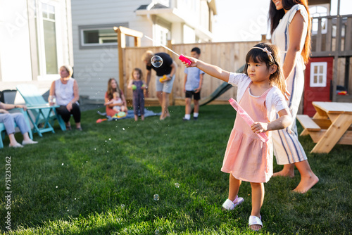 Cute little girl in dress blowing bubbles in the backyard. photo