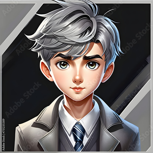 Gray Elegance: Watercolor Portraits of a Cute Boy Character with Gray Hair in Various Outfits.(Generative AI)