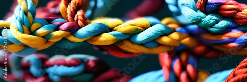 Team rope diverse strength connect partnership together teamwork unity communicate support. Strong diverse network rope team concept integrate braid color background cooperation empower power. photo