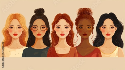 This vector illustration shows five women of different ethnicities and cultures standing side-by-side.