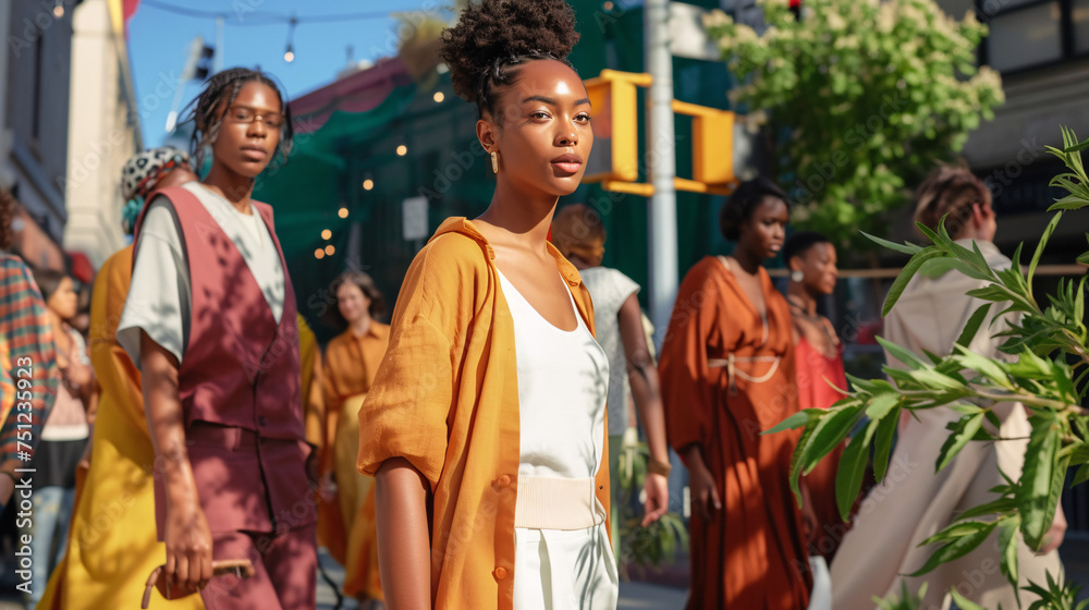 A diverse group of models showcasing eco-friendly fashion on a vibrant street corner