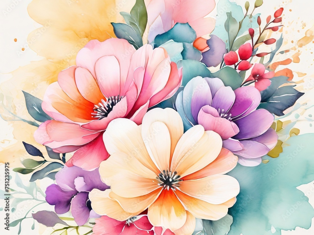 Flowers watercolor illustration. Manual composition. Mother's Day, wedding, birthday, Valentine's Day. Pastel colors. Spring. Summer.