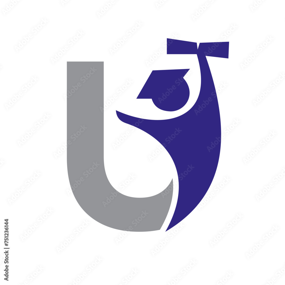Letter U Education Logo Design. Graduation Symbol With Human Holding Graduation Paper Icon Letter U Education Logo Design. Graduation Symbol With Human Holding Graduation Paper Icon