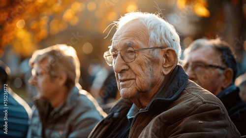 Elderly man at a social event looking disconnected from the group, highlighting social withdrawal and isolation in dementia