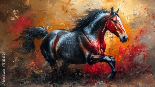 Hanging painting of an abstract hand-painted nostalgic horse in oil.