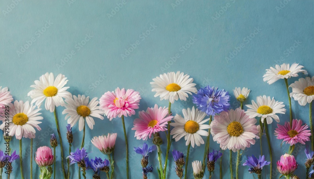 Fototapeta premium Conjunto de flores de primavera sobre fondo liso