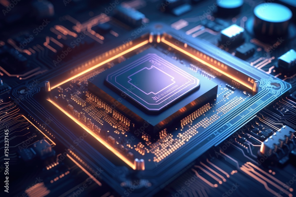 Close up of a CPU chip with glowing circuits. macro shot of electronic circuit board background, Ai generate Close up of a CPU chip with glowing circuits. macro shot of electronic circuit board background, Ai generate
