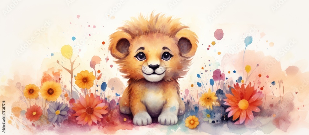 A watercolor painting showcasing a lion cub standing amidst a variety of colorful flowers. The cub gazes into the distance, with vibrant summer colors enhancing the scene against a simple white