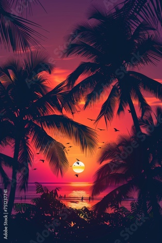 Tropical sunset with trees