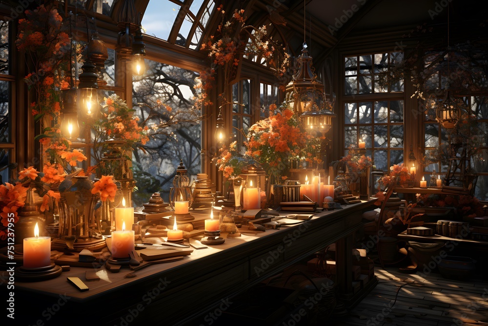Interior of a restaurant with candles and flowers in the evening light