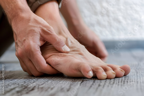 Man massaging his painful foot by the hand photo