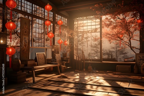 Chinese tea room with red lanterns in the evening,3d render illustration